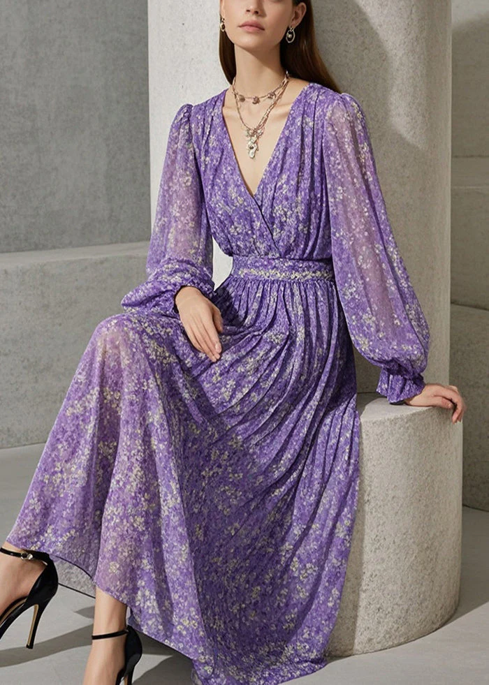 French Lavender Cinched Print blended fabric Robe Dresses Fall - Image 5