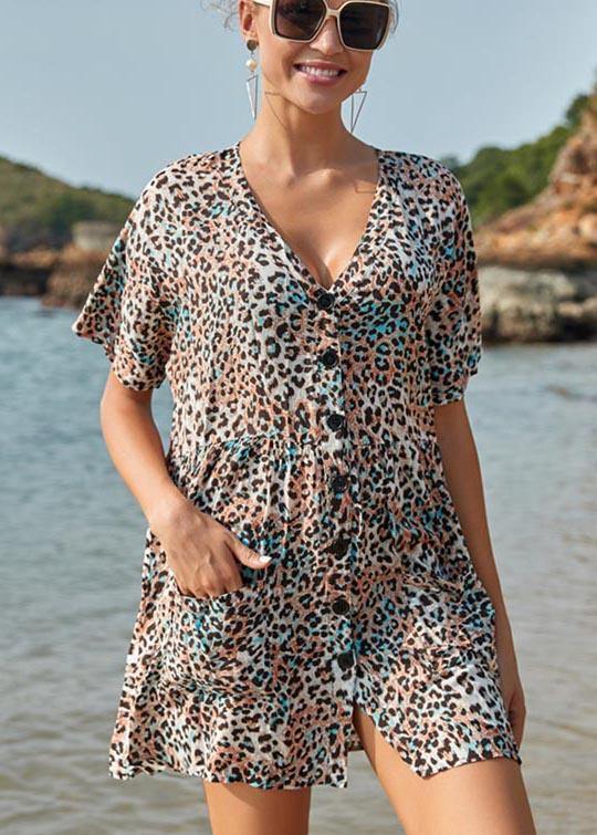French Leopard Button Pockets Vacation Summer Cotton Dress - Image 2