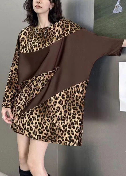 French Leopard O Neck Print Patchwork Cotton Mid Dress Batwing Sleeve - Image 5