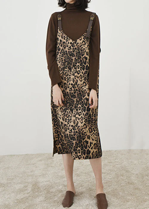 French Leopard Print V Neck Patchwork Cotton Long Dress Sleeveless - Image 2