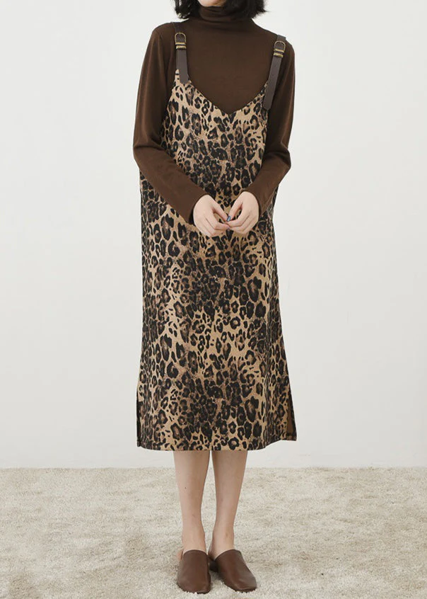 French Leopard Print V Neck Patchwork Cotton Long Dress Sleeveless - Image 3