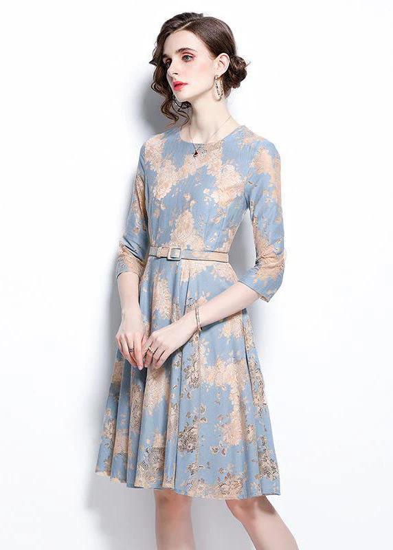 French Light Blue O-Neck Embroideried Lace Cinch Dresses Bracelet Sleeve - Image 2