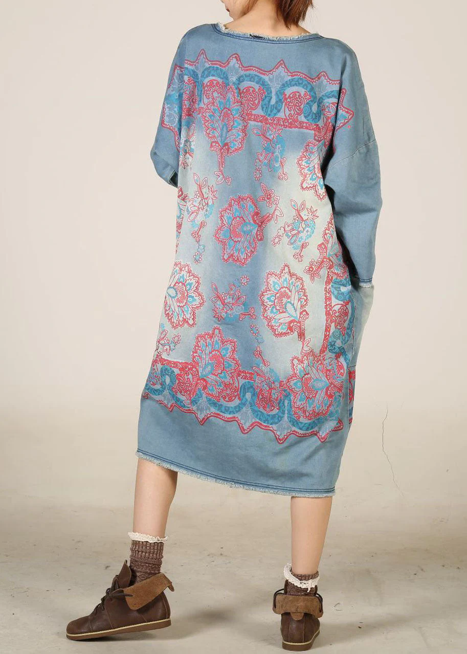 French Light Blue O Neck Pockets Patchwork Print Denim Dresses Spring - Image 4