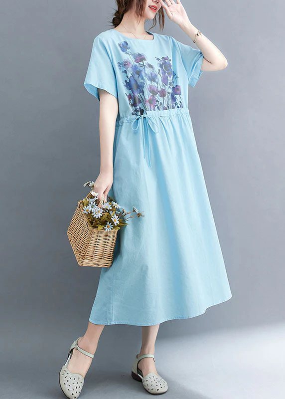 French Light Blue O-Neck Print Drawstring Cotton Vacation Dress Short Sleeve - Image 2