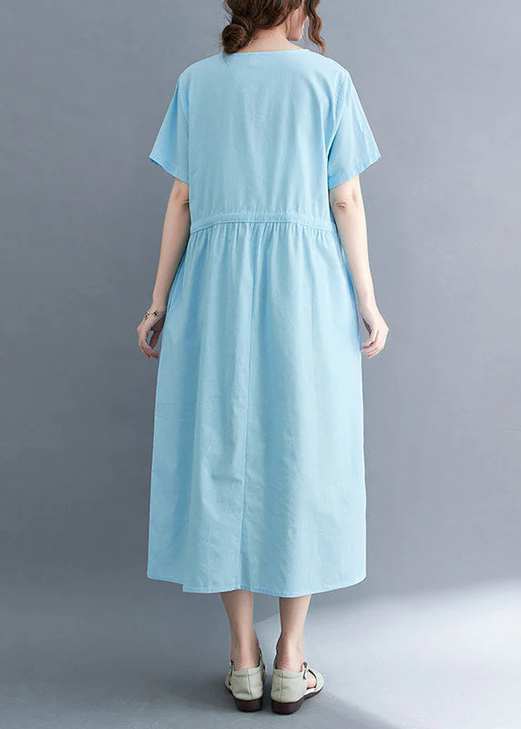 French Light Blue O-Neck Print Drawstring Cotton Vacation Dress Short Sleeve - Image 3