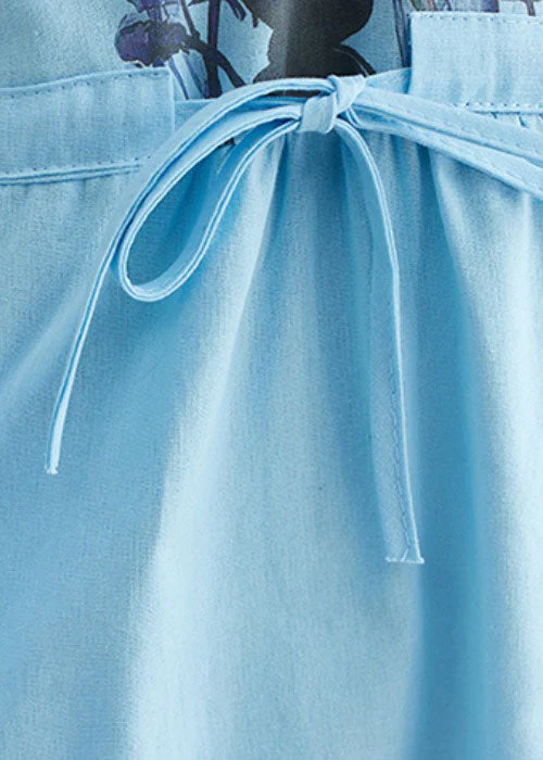 French Light Blue O-Neck Print Drawstring Cotton Vacation Dress Short Sleeve - Image 4