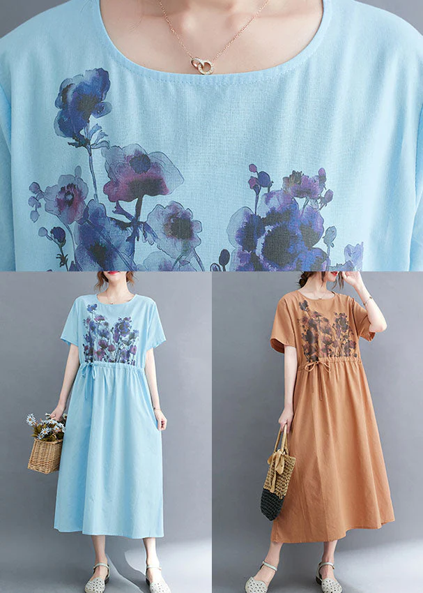 French Light Blue O-Neck Print Drawstring Cotton Vacation Dress Short Sleeve - Image 5