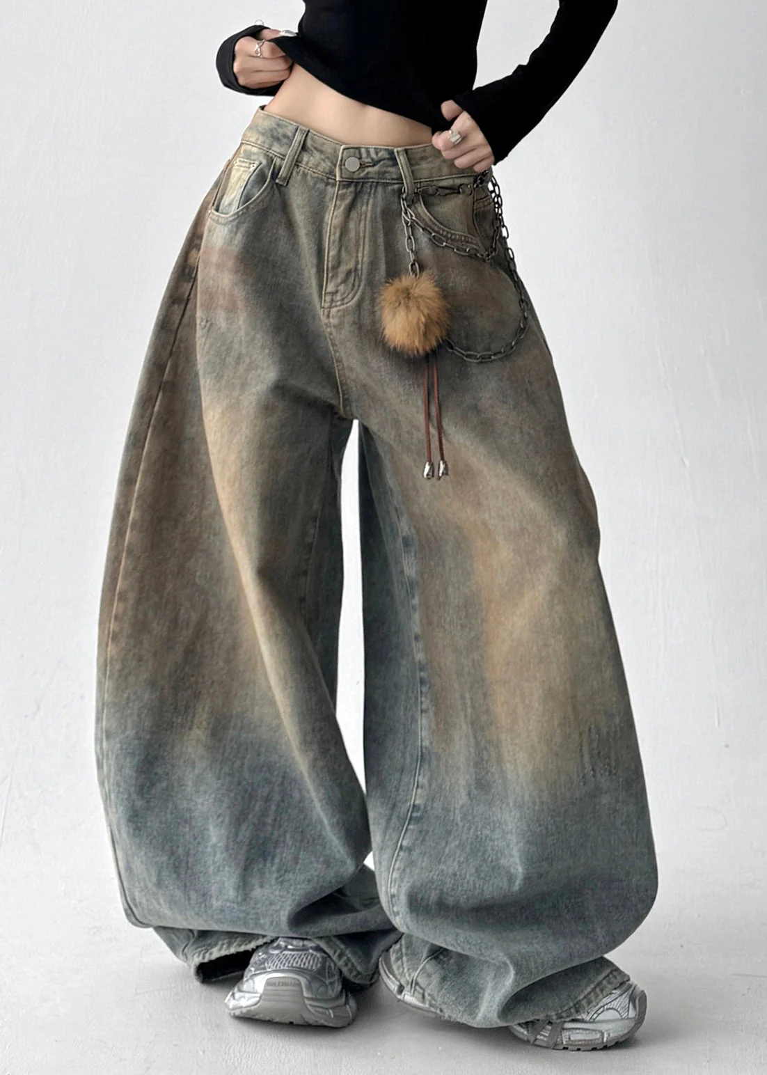 French Light Blue Oversized Denim Wide Leg Pants Spring - Image 2