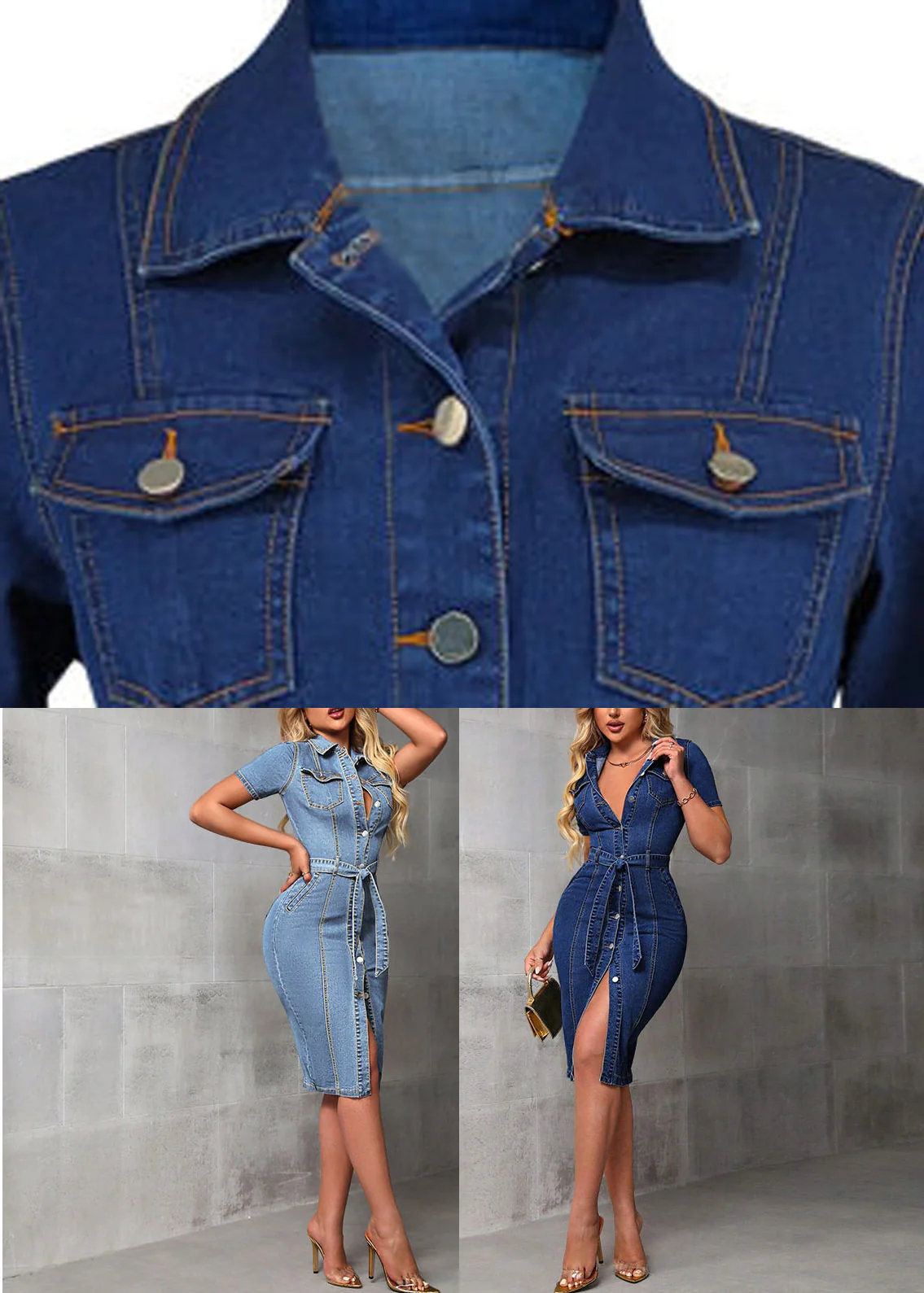 French Light Blue Peter Pan Collar Button Denim Long Dresses Summer - Image 5