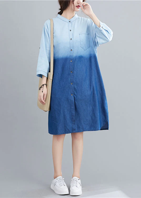 French Light Blue Stand Collar Gradient Color Denim Dress Fall - Image 3