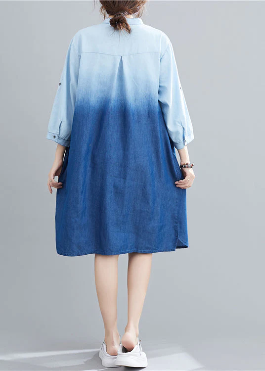 French Light Blue Stand Collar Gradient Color Denim Dress Fall - Image 4