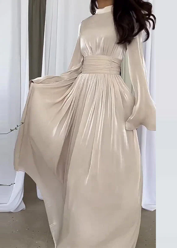 French Light Blue Wrinkled Patchwork Silk Long Dresses Spring - Image 4