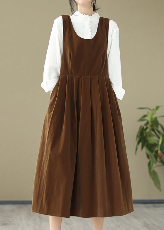 French Light Brown U Neck Bow Velour Strap Dress Spring - Image 2