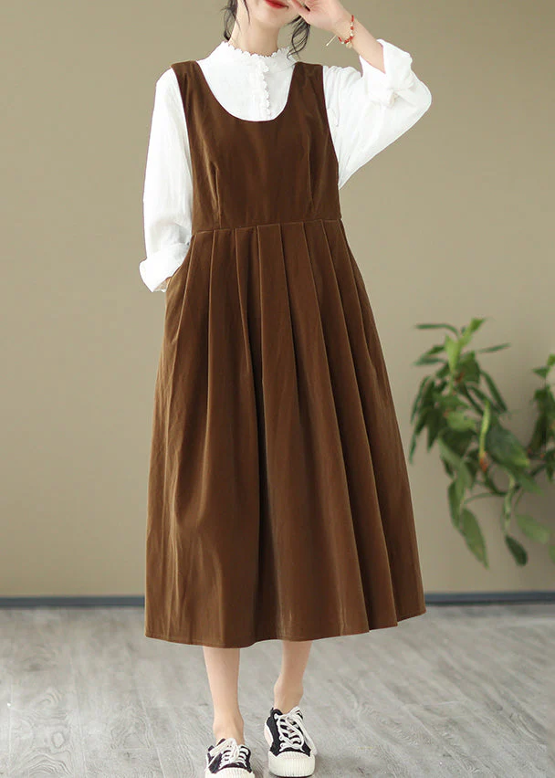 French Light Brown U Neck Bow Velour Strap Dress Spring - Image 3