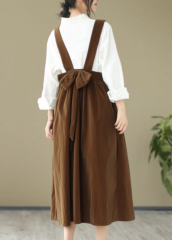 French Light Brown U Neck Bow Velour Strap Dress Spring - Image 4