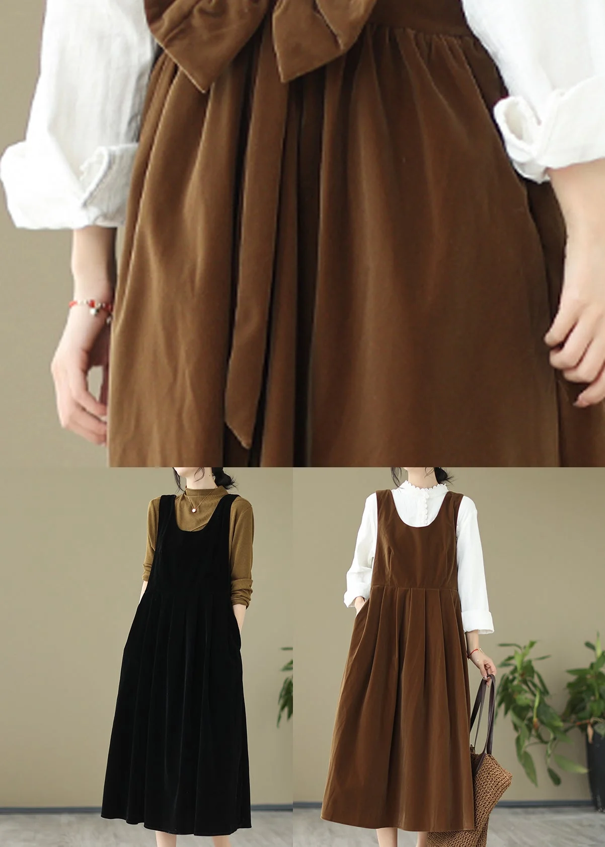 French Light Brown U Neck Bow Velour Strap Dress Spring - Image 5