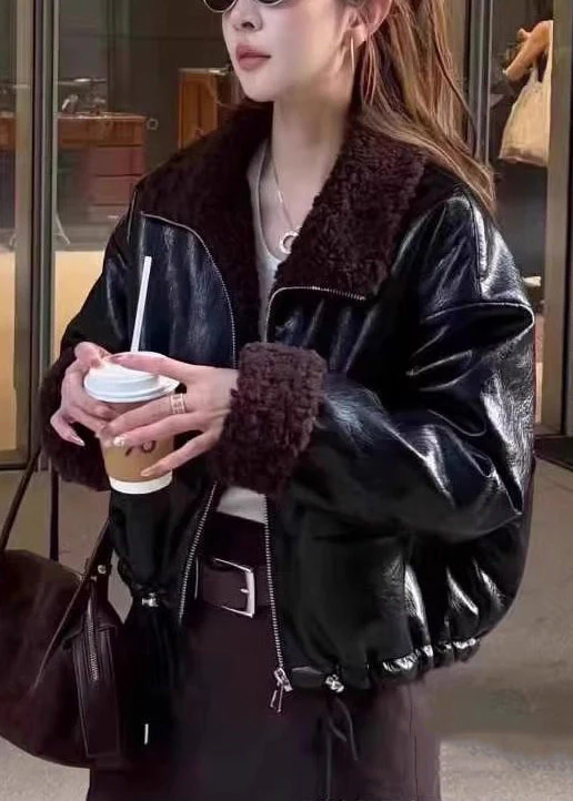 French Light Brown Zippered Drawstring Fuzzy Wool Lined Coat Winter - Image 2