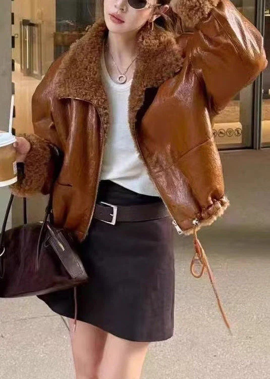 French Light Brown Zippered Drawstring Fuzzy Wool Lined Coat Winter - Image 3