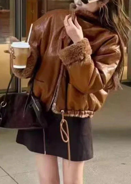 French Light Brown Zippered Drawstring Fuzzy Wool Lined Coat Winter - Image 4
