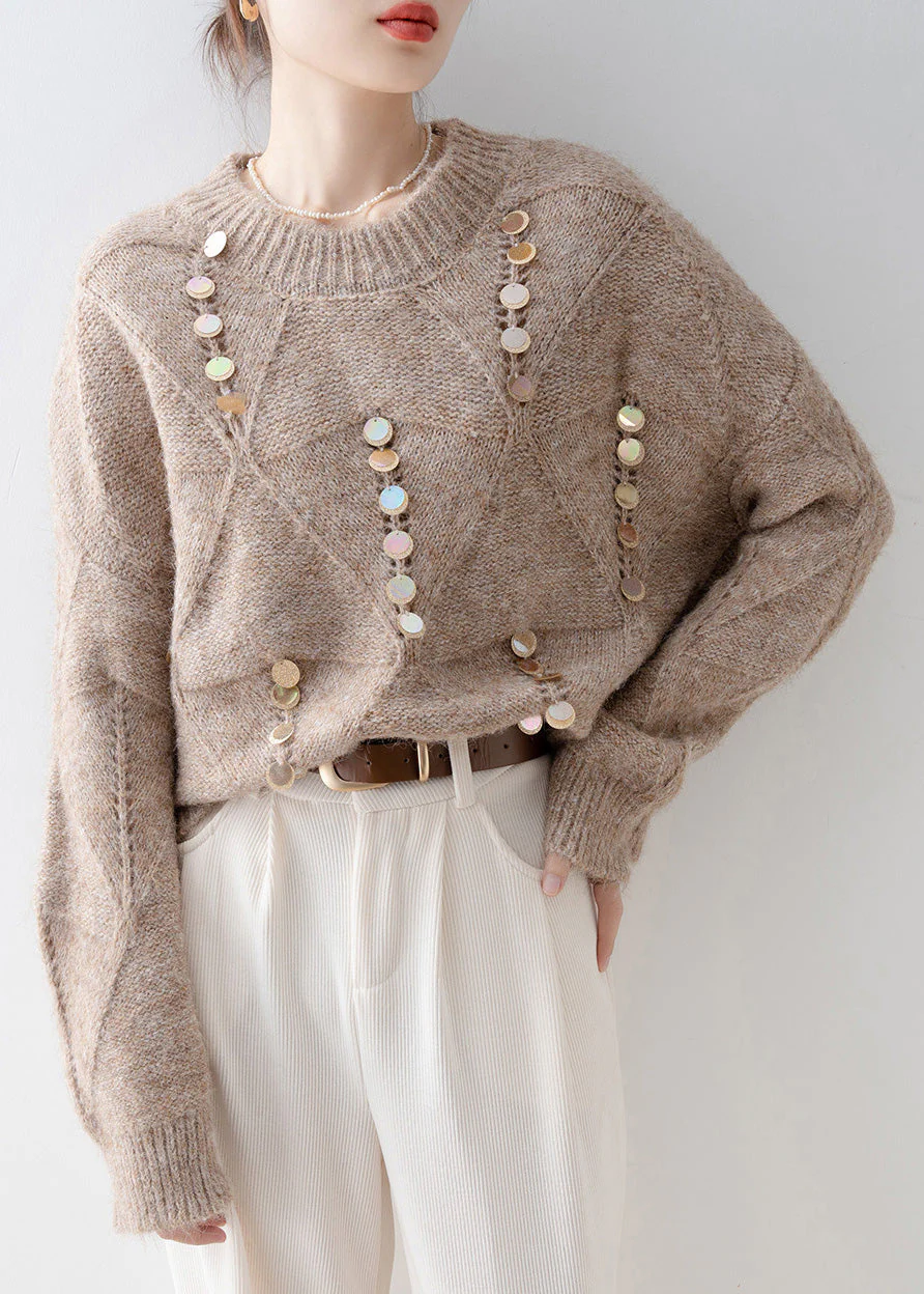 French Light Camel O Neck Sequins Knit Sweater Spring - Image 2