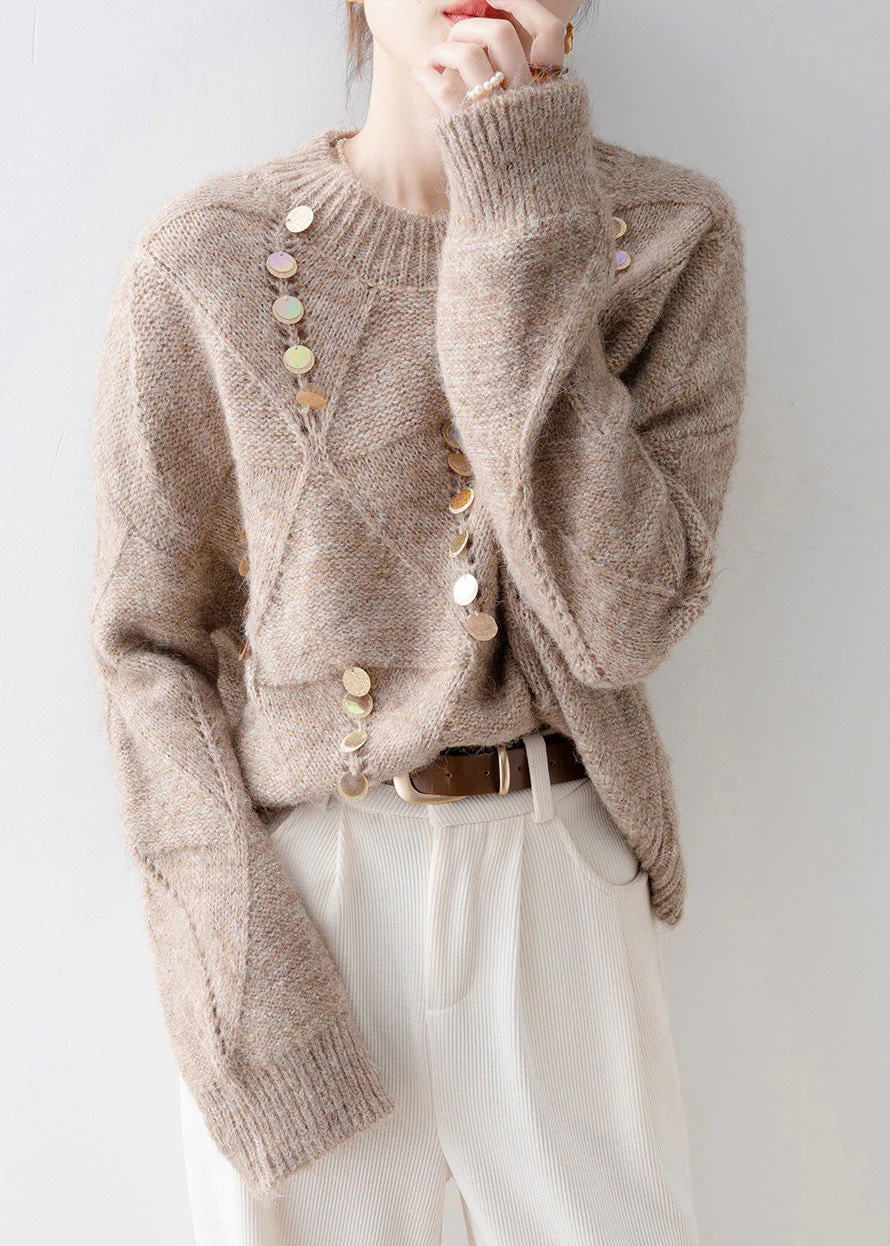 French Light Camel O Neck Sequins Knit Sweater Spring - Image 3