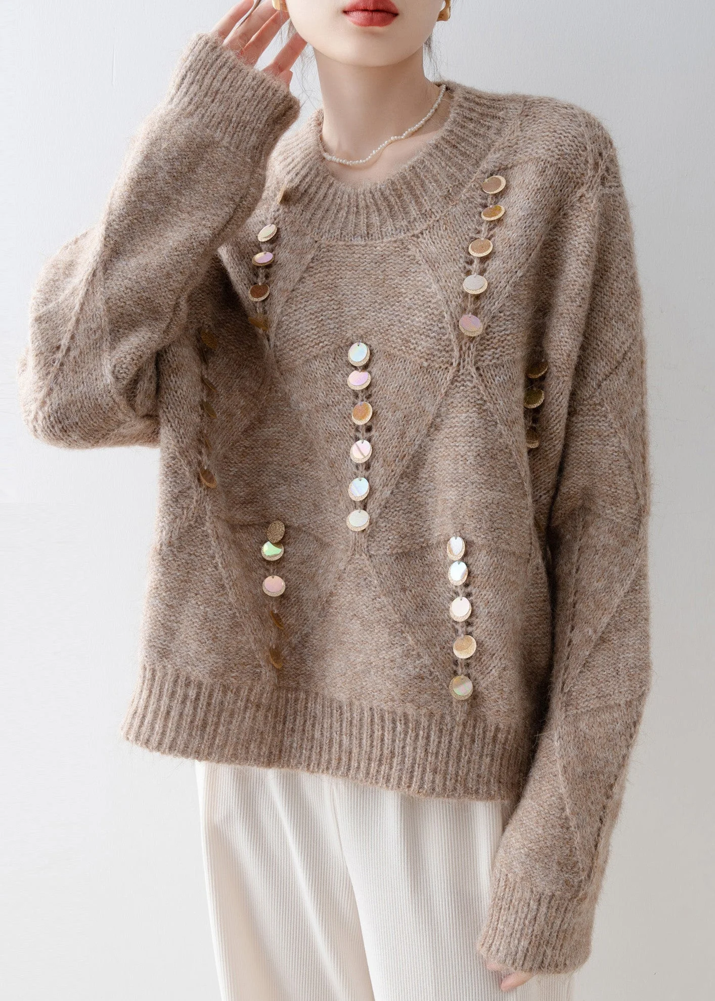 French Light Camel O Neck Sequins Knit Sweater Spring - Image 4