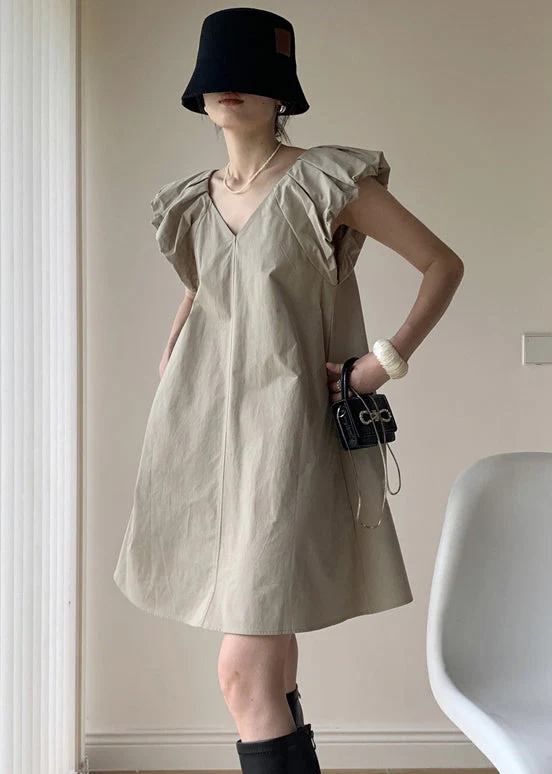 French Light Green V Neck Patchwork Cotton Dresses Butterfly Sleeve - Image 3