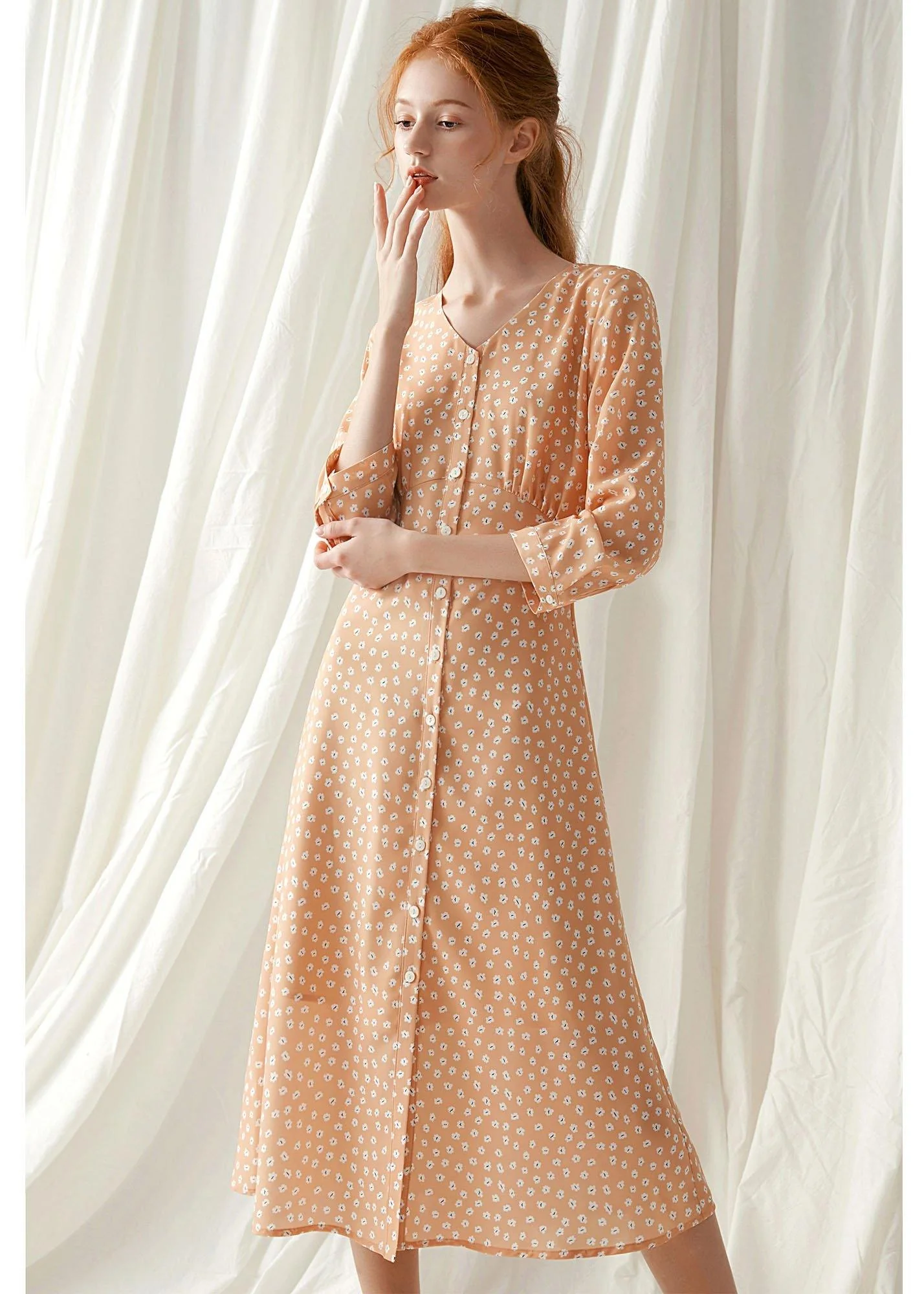 French light orange floral blended outfit tie waist Traveling fall Dresses