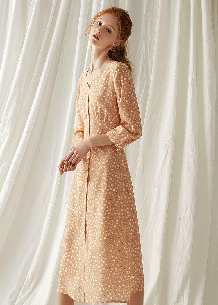 French light orange floral blended outfit tie waist Traveling fall Dresses - Image 2