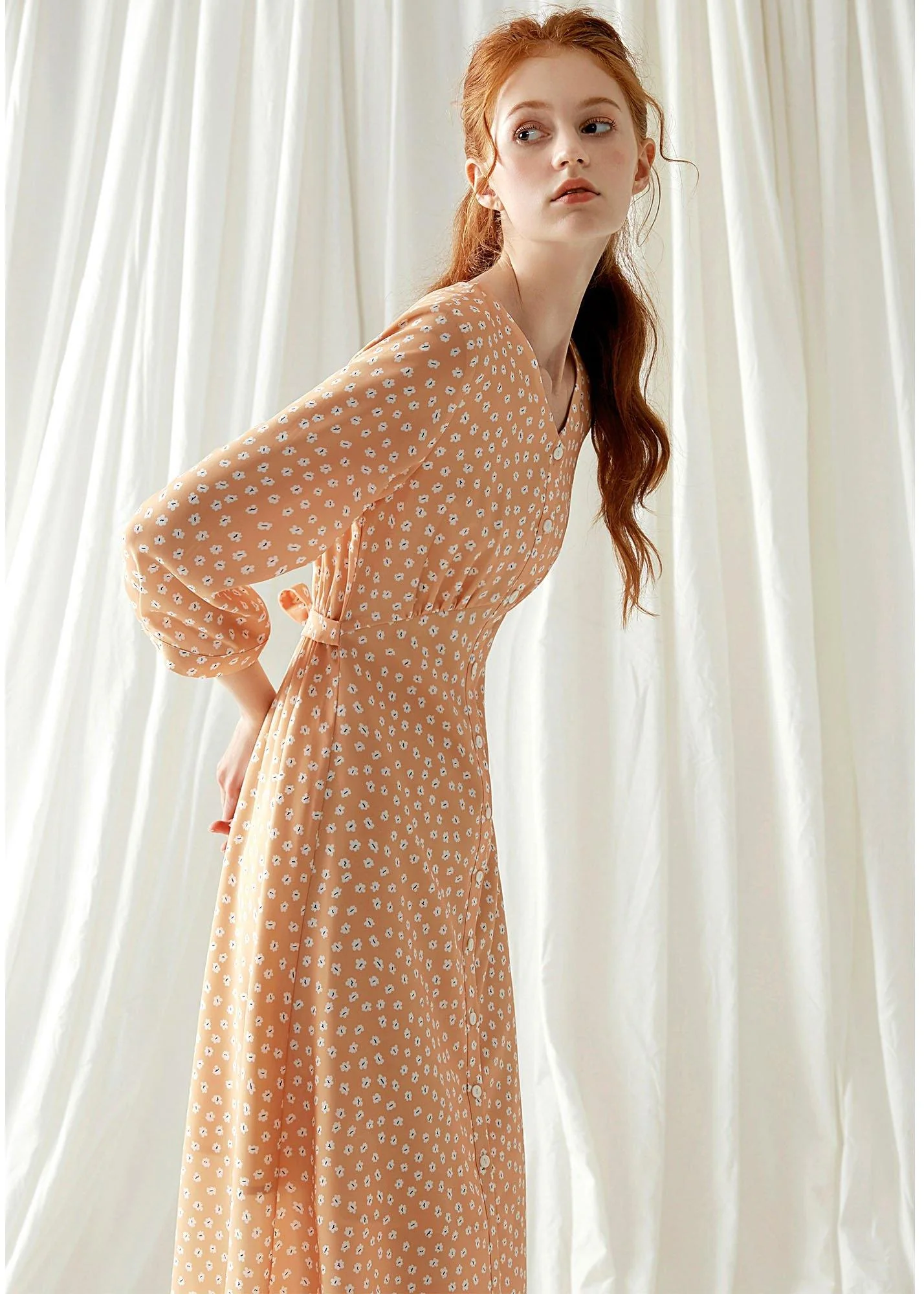 French light orange floral blended outfit tie waist Traveling fall Dresses - Image 3