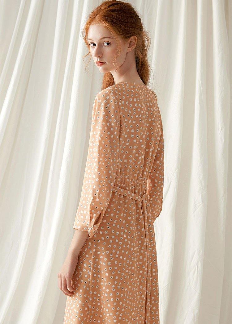 French light orange floral blended outfit tie waist Traveling fall Dresses - Image 4
