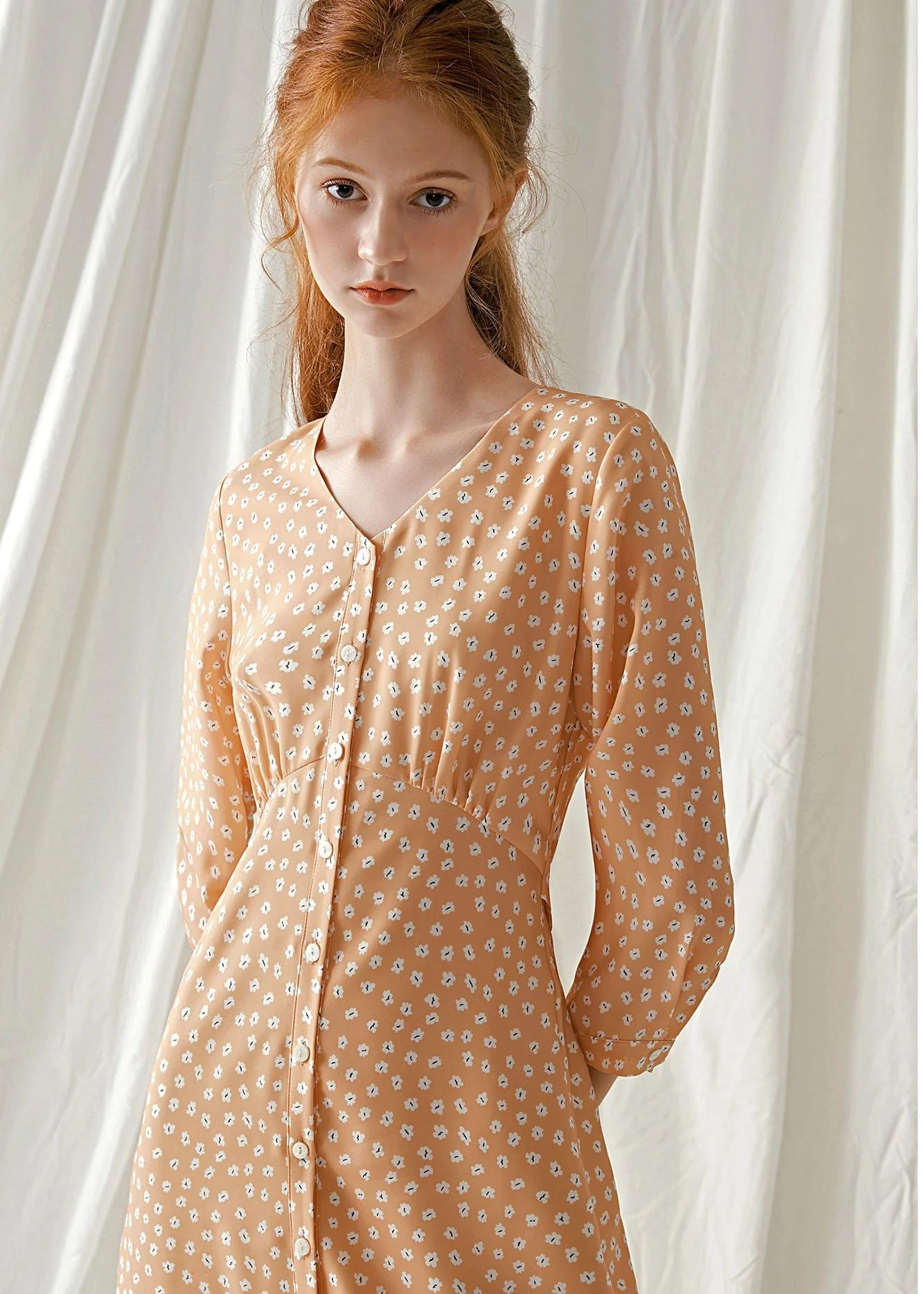 French light orange floral blended outfit tie waist Traveling fall Dresses - Image 5