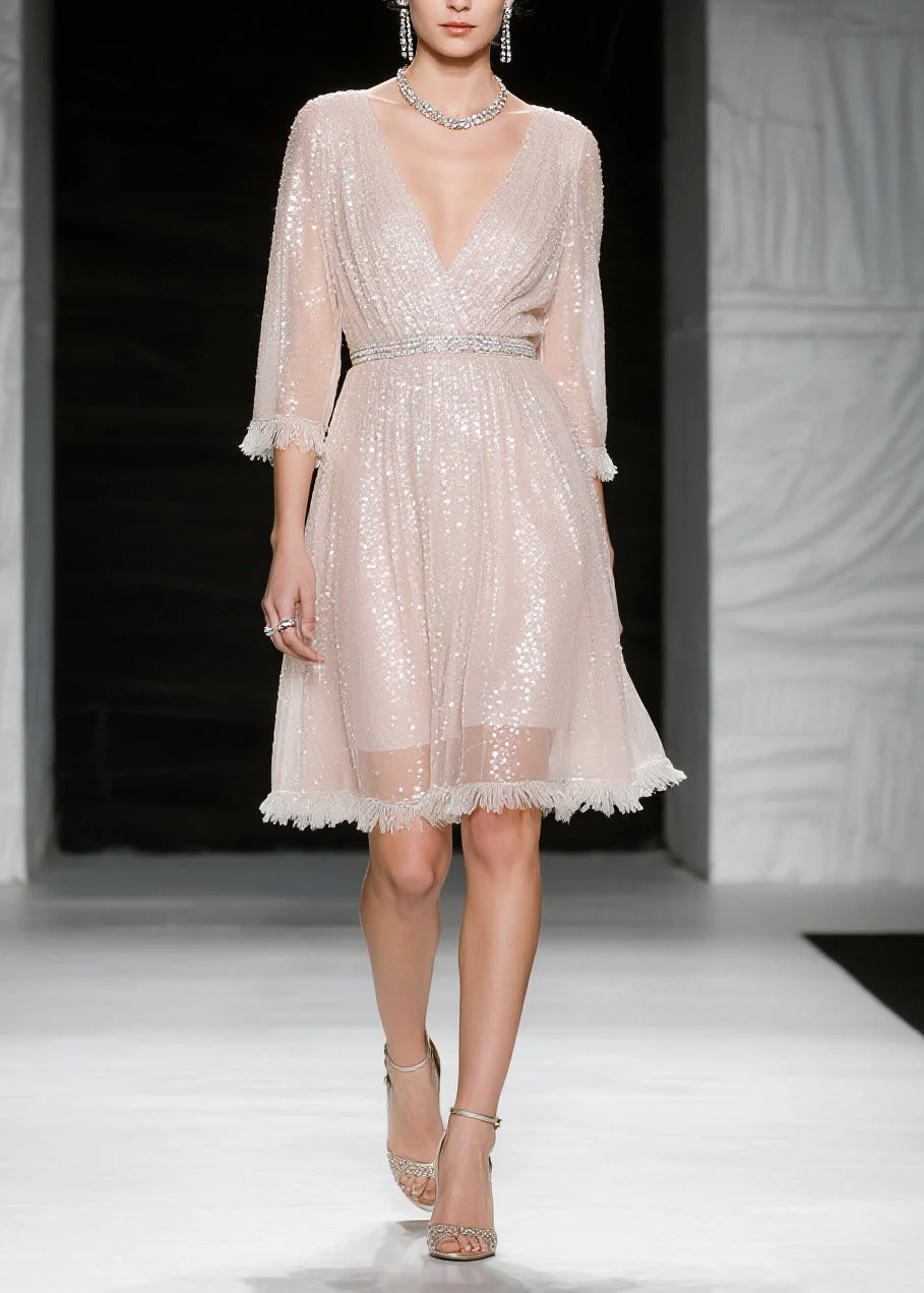 French Light Pink Sequins Tasseled Tulle Evening Dress Summer