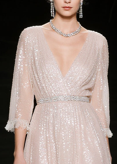 French Light Pink Sequins Tasseled Tulle Evening Dress Summer - Image 2