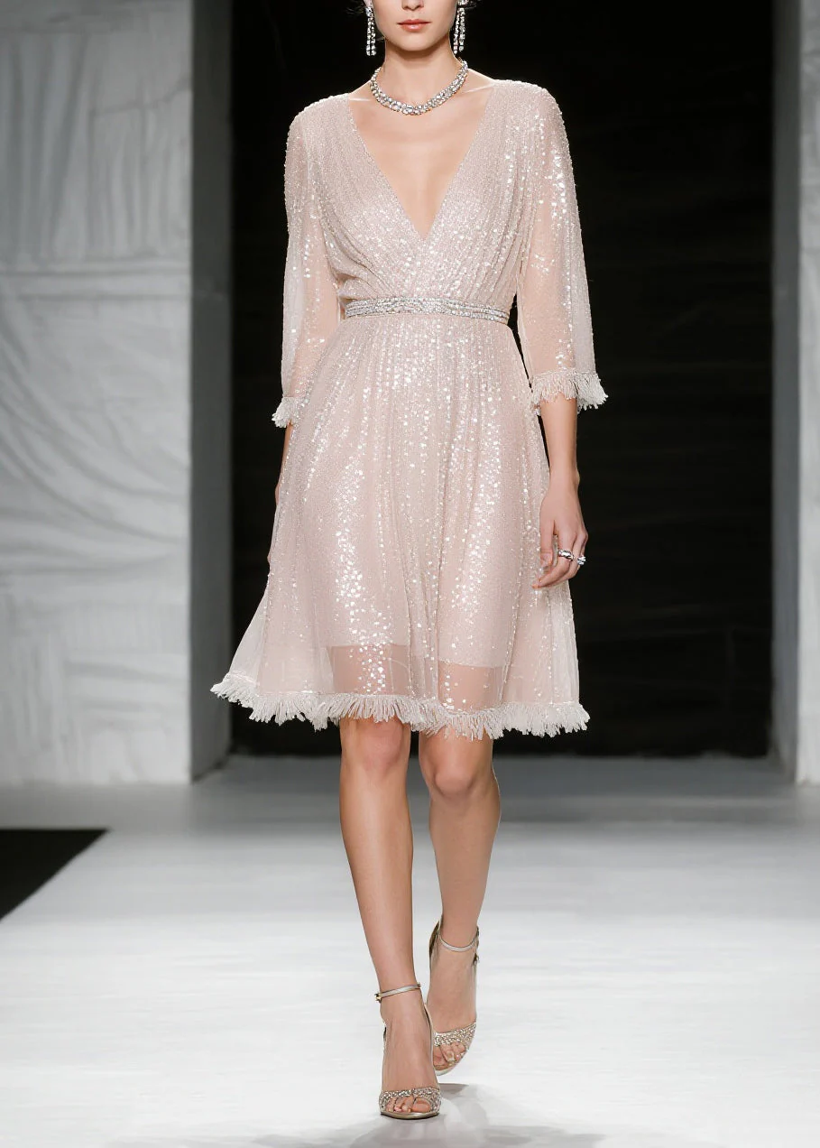 French Light Pink Sequins Tasseled Tulle Evening Dress Summer - Image 3