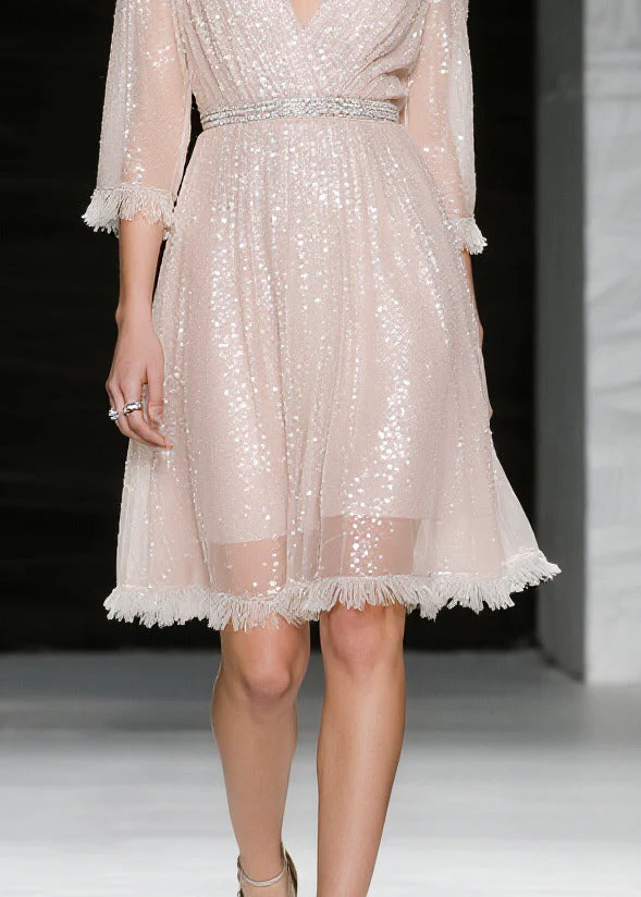 French Light Pink Sequins Tasseled Tulle Evening Dress Summer - Image 4