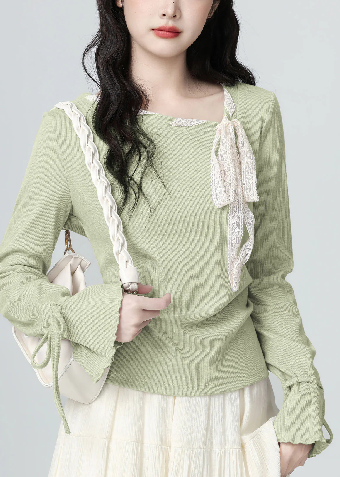 French Light Purple Lace Bow Lace Up Knit Top Spring - Image 3