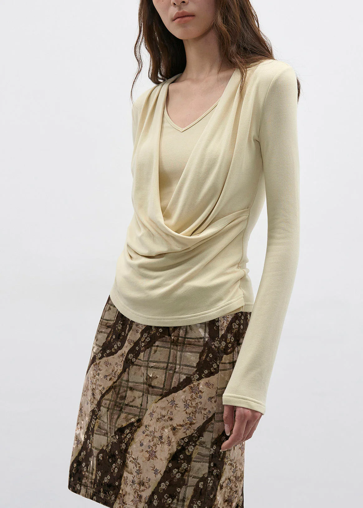 French Light Yellow Draped Neckline Fake Two Long Sleeved T-Shirt Top