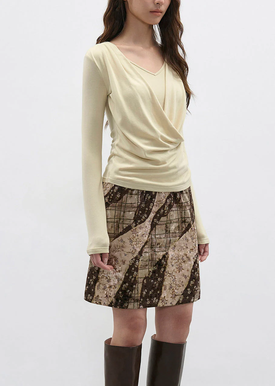 French Light Yellow Draped Neckline Fake Two Long Sleeved T-Shirt Top - Image 5