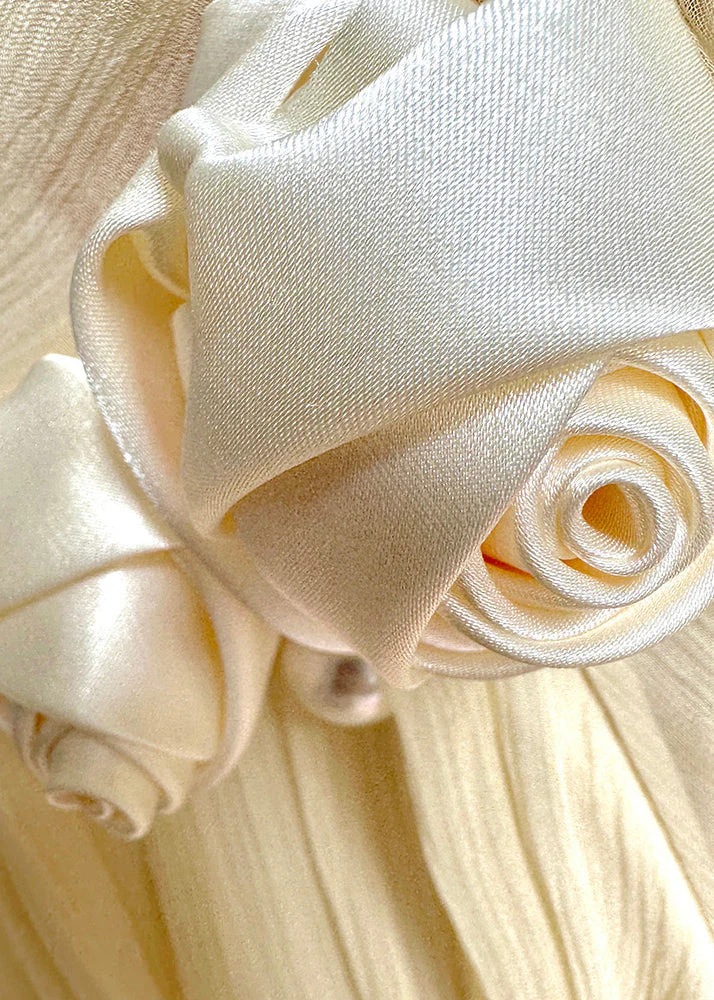 French Light Yellow Wrinkled Floral Patchwork Silk Dress Spring - Image 4