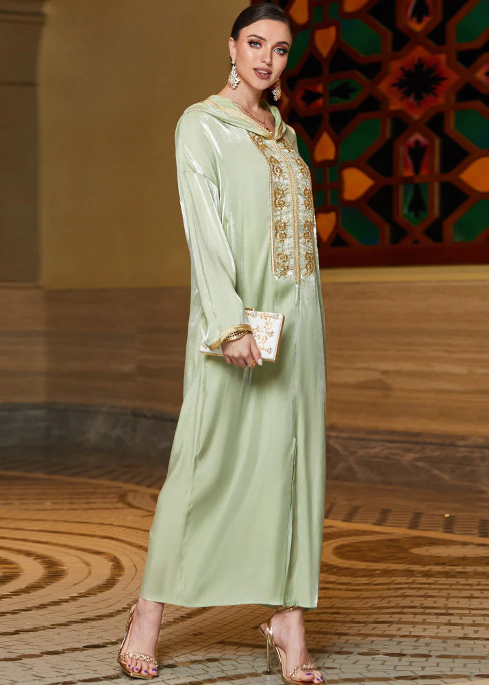 French Mint Green Lace Patchwork Zircon Hooded Chiffon Long Dresses Long Sleeve - Image 4