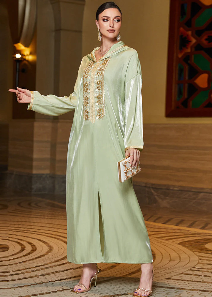 French Mint Green Lace Patchwork Zircon Hooded Chiffon Long Dresses Long Sleeve - Image 5