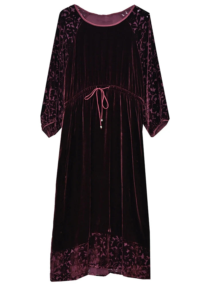 French Mulberry O Neck Drawstring Patchwork Silk Velour Dress Fall - Image 5