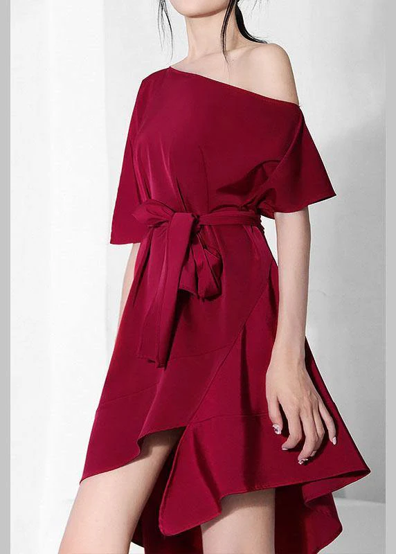 French Mulberry One Shoulder asymmetrical design tie waist Dresses Summer - Image 2