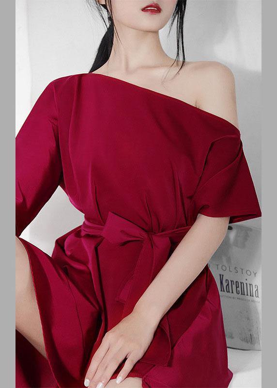 French Mulberry One Shoulder asymmetrical design tie waist Dresses Summer - Image 3