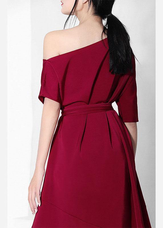 French Mulberry One Shoulder asymmetrical design tie waist Dresses Summer - Image 4