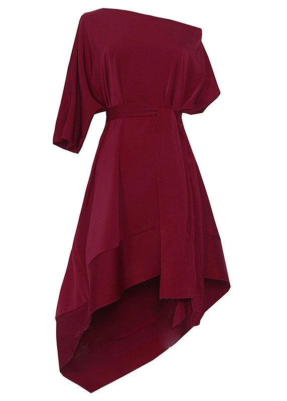 French Mulberry One Shoulder asymmetrical design tie waist Dresses Summer - Image 5