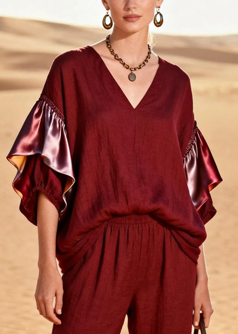 French Mulberry Oversized Patchwork Cotton Two Piece Suit Set Butterfly Sleeve - Image 2
