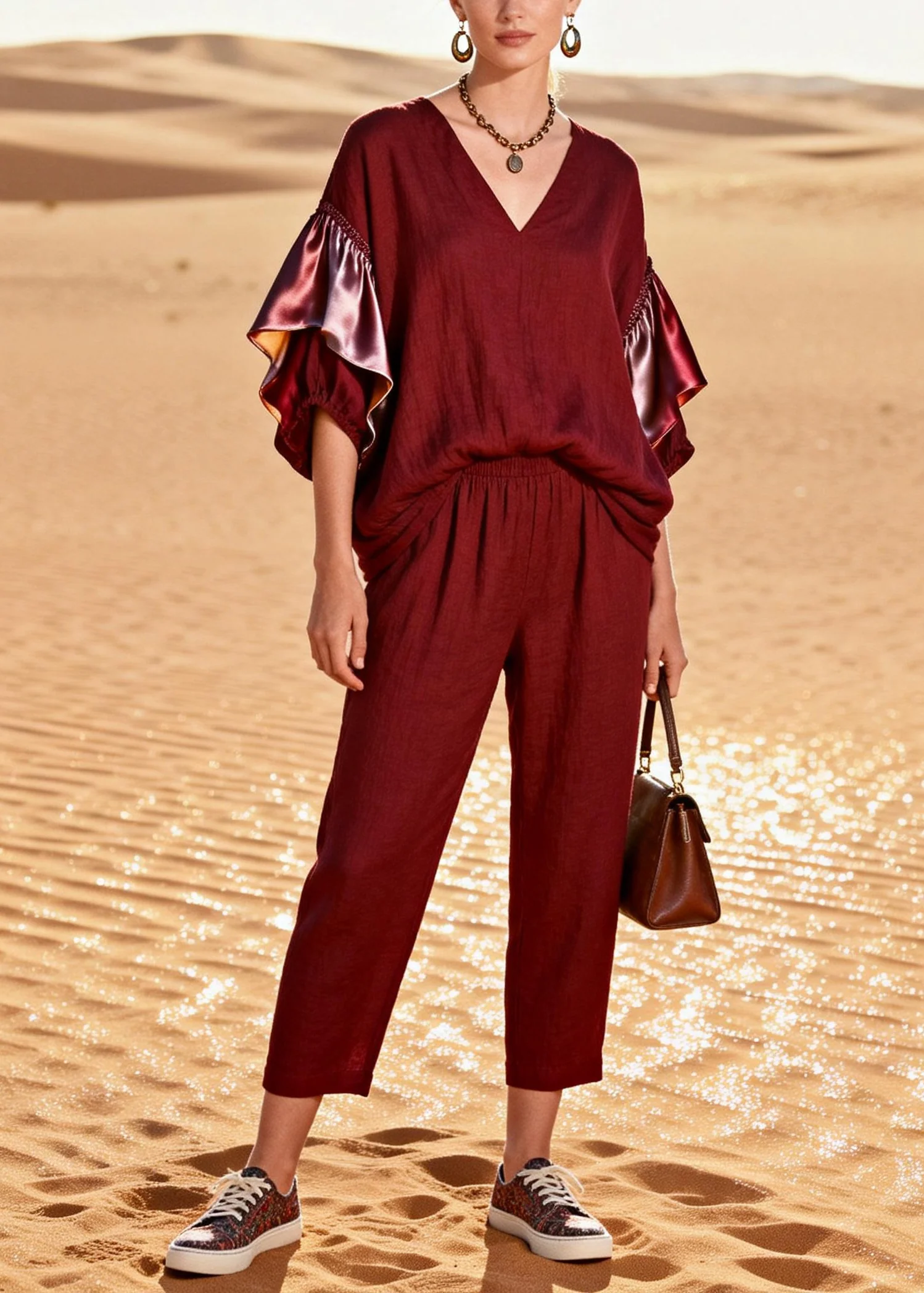 French Mulberry Oversized Patchwork Cotton Two Piece Suit Set Butterfly Sleeve - Image 5