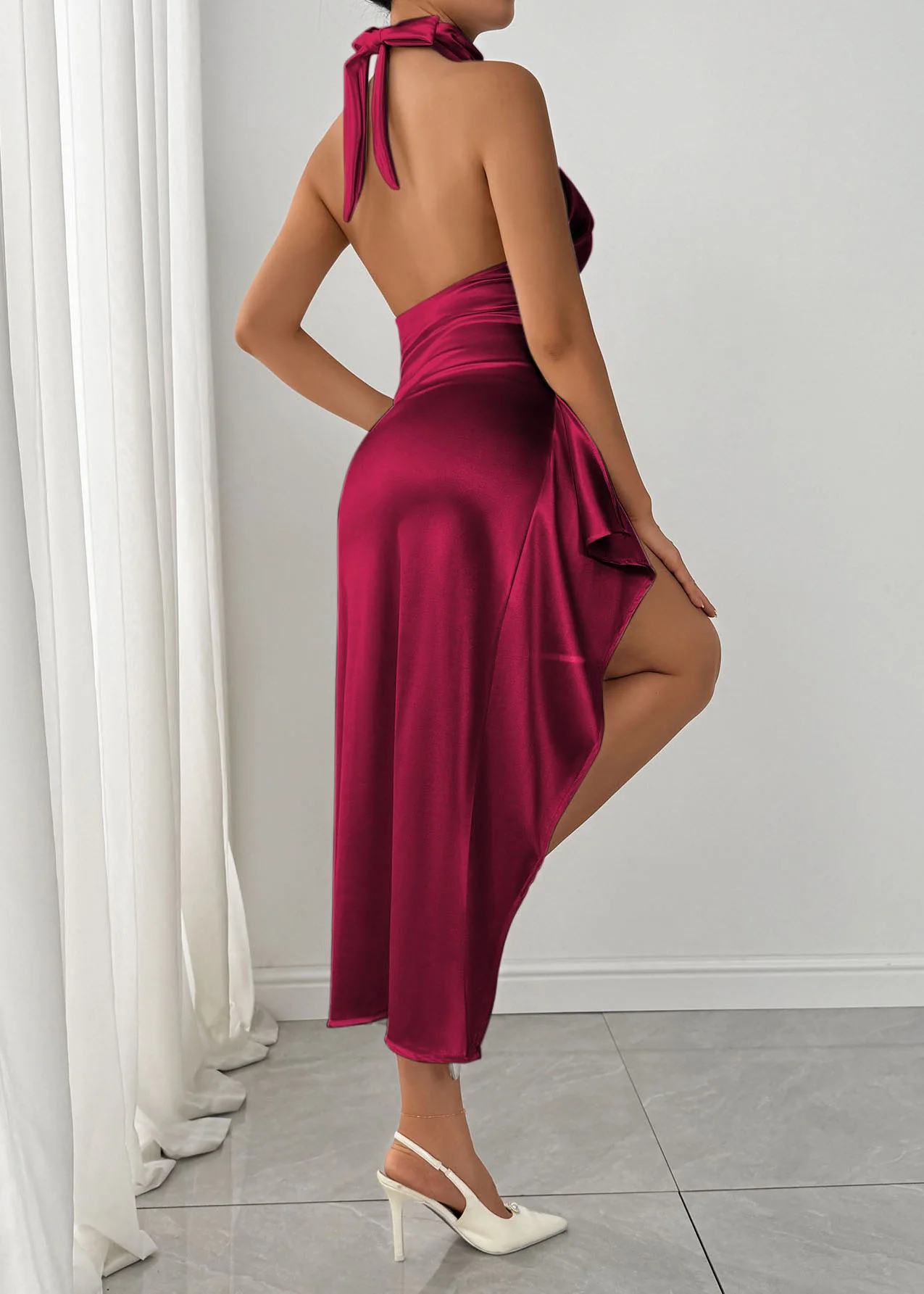 French Mulberry Side Open Silk Long Dress Sleeveless - Image 5